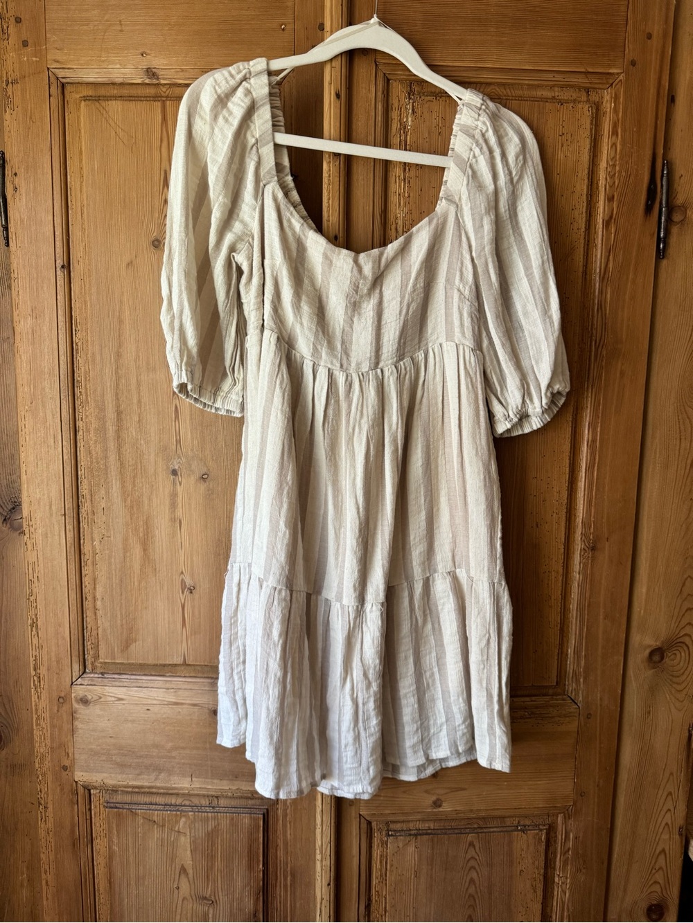 Lush Cream Striped Puff Sleeve Tiered Dress